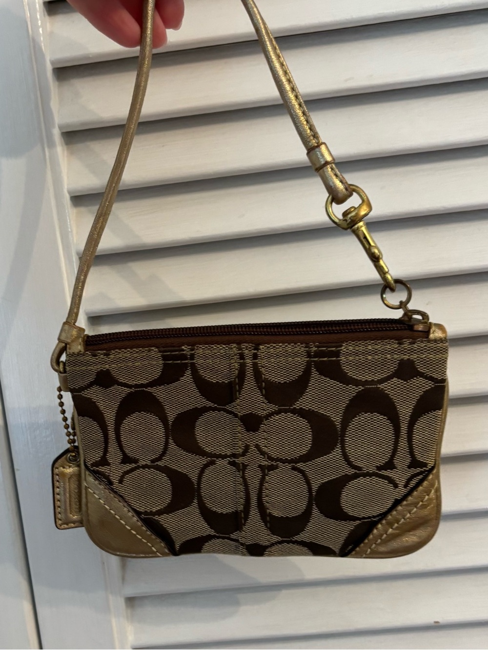 Coach Brown Signature Canvas Wristlet with Gold Trim